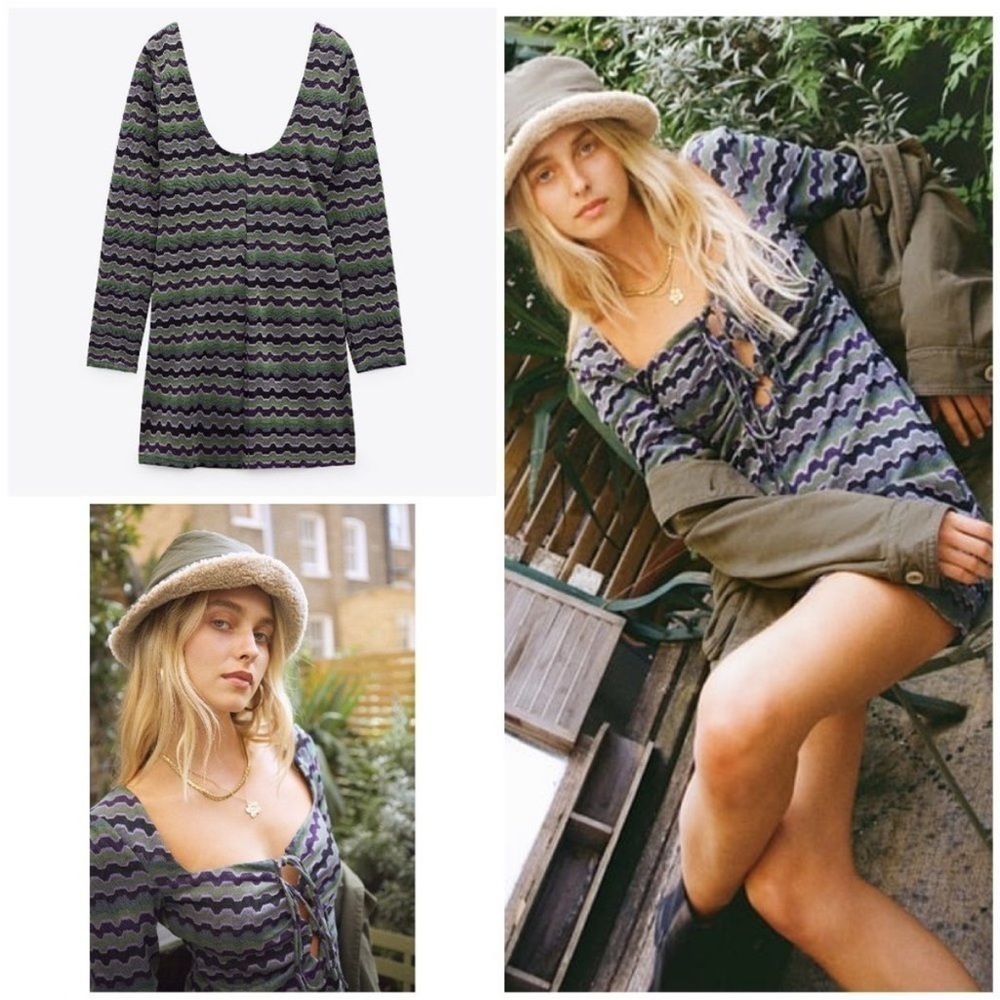 Zara Retro Cutout long sleeve Mini Dress chevron bright printed‎ metallic fabric